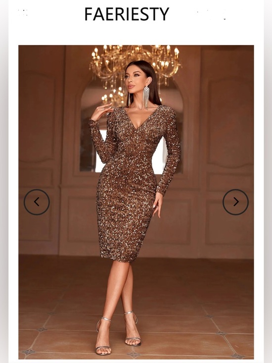 Faeriesty Dresses & Skirts - Sequined V-Neck Long Sleeve Cocktail Dress in Bronze